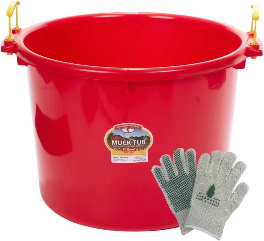Little Giant 70 Quart Muck Tub with Handles - Bundled with Evergreen Farm and Garden Gloves (Red)