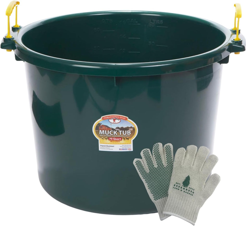 Little Giant 70 Quart Muck Tub with Handles - Bundled with Evergreen Farm and Garden Gloves (Green)