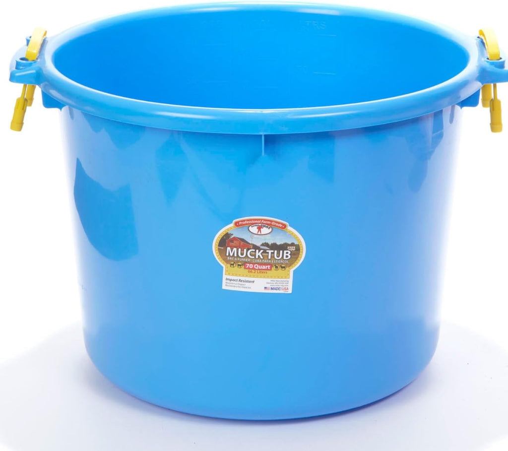 Little Giant 70 Quart Muck Tub with Handles - Bundled with Evergreen Farm and Garden Gloves (Berry Blue)