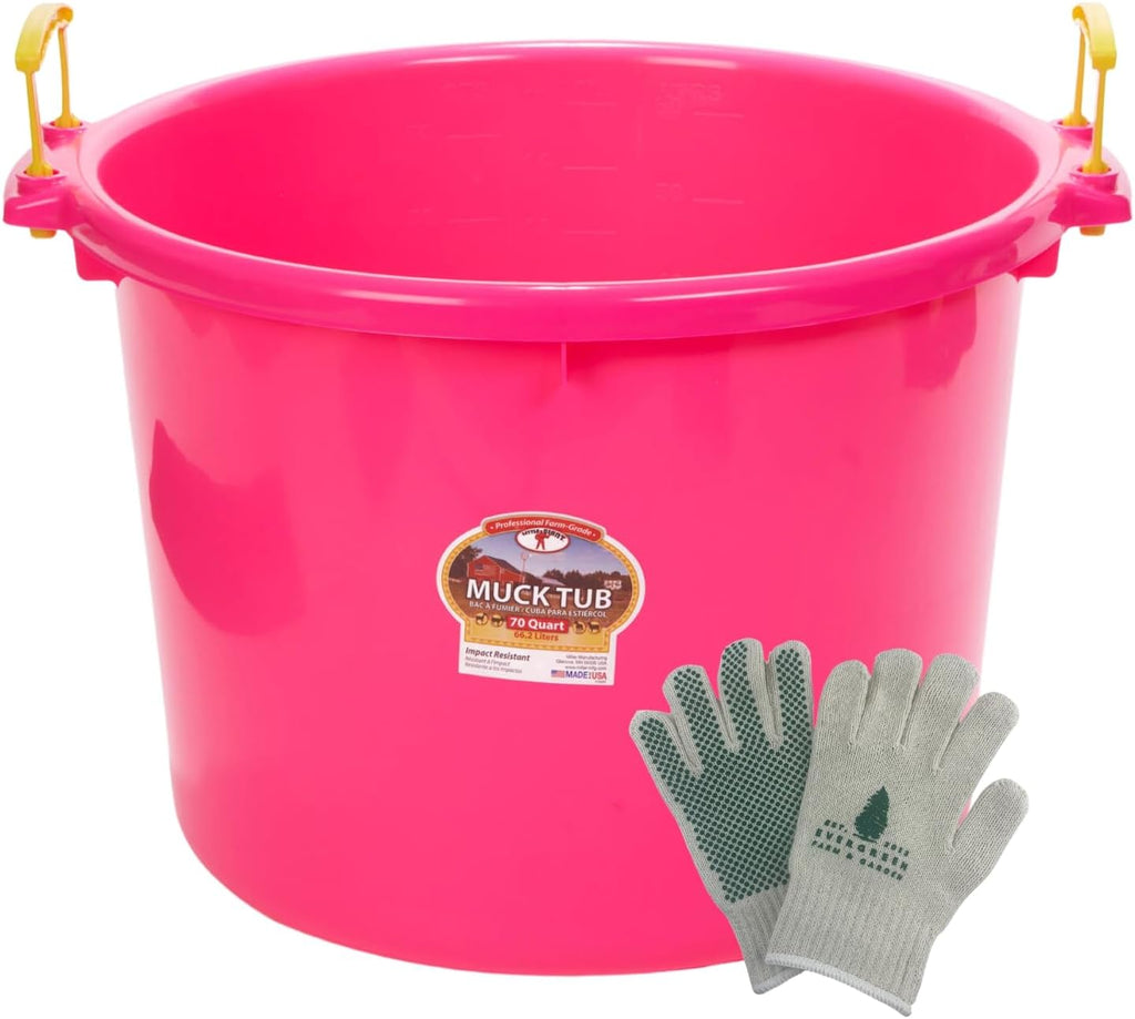 Little Giant 70 Quart Muck Tub with Handles - Bundled with Evergreen Farm and Garden Gloves (Hot Pink)