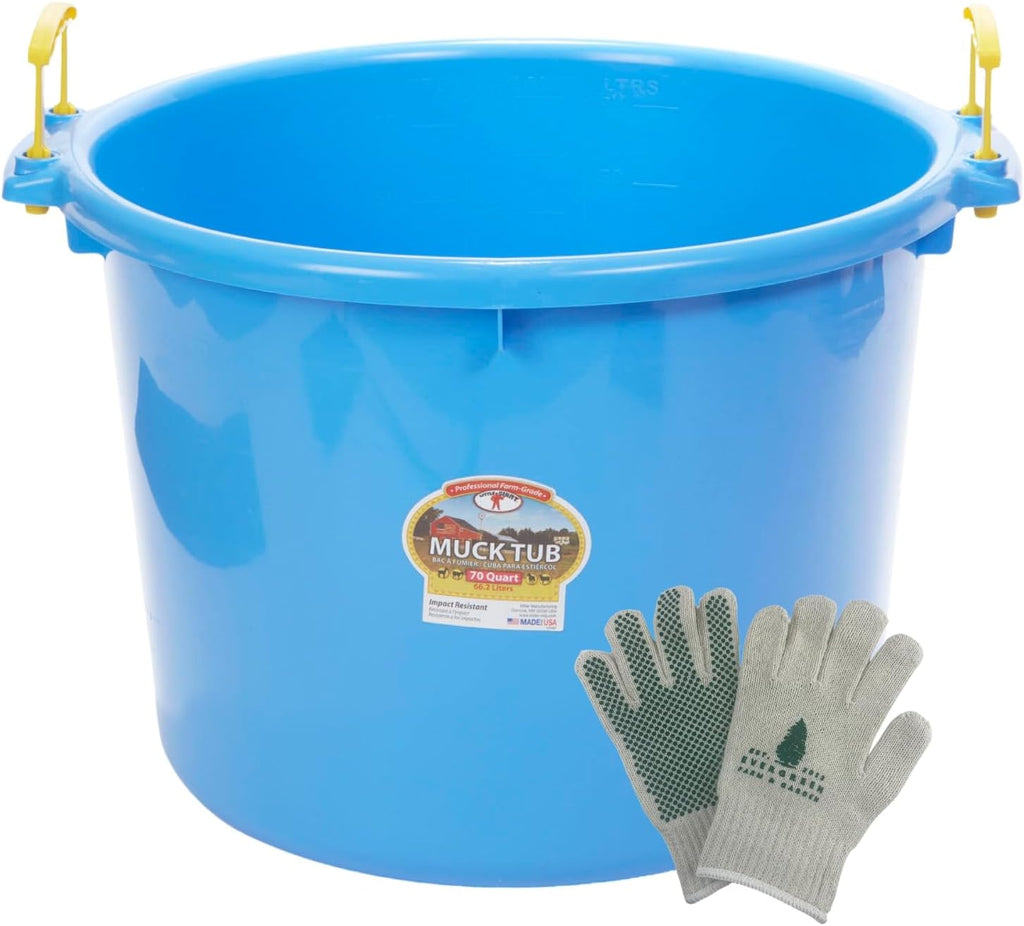 Little Giant 70 Quart Muck Tub with Handles - Bundled with Evergreen Farm and Garden Gloves (Berry Blue)