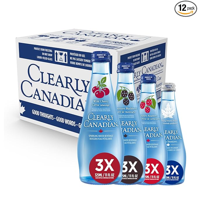 Clearly Canadian Variety Pack Sparkling Spring Water Beverage, Natural & Carbonated, Flavored Seltzer Water, Mixed Flavors, 1 Case (12 Bottles x 325mL)