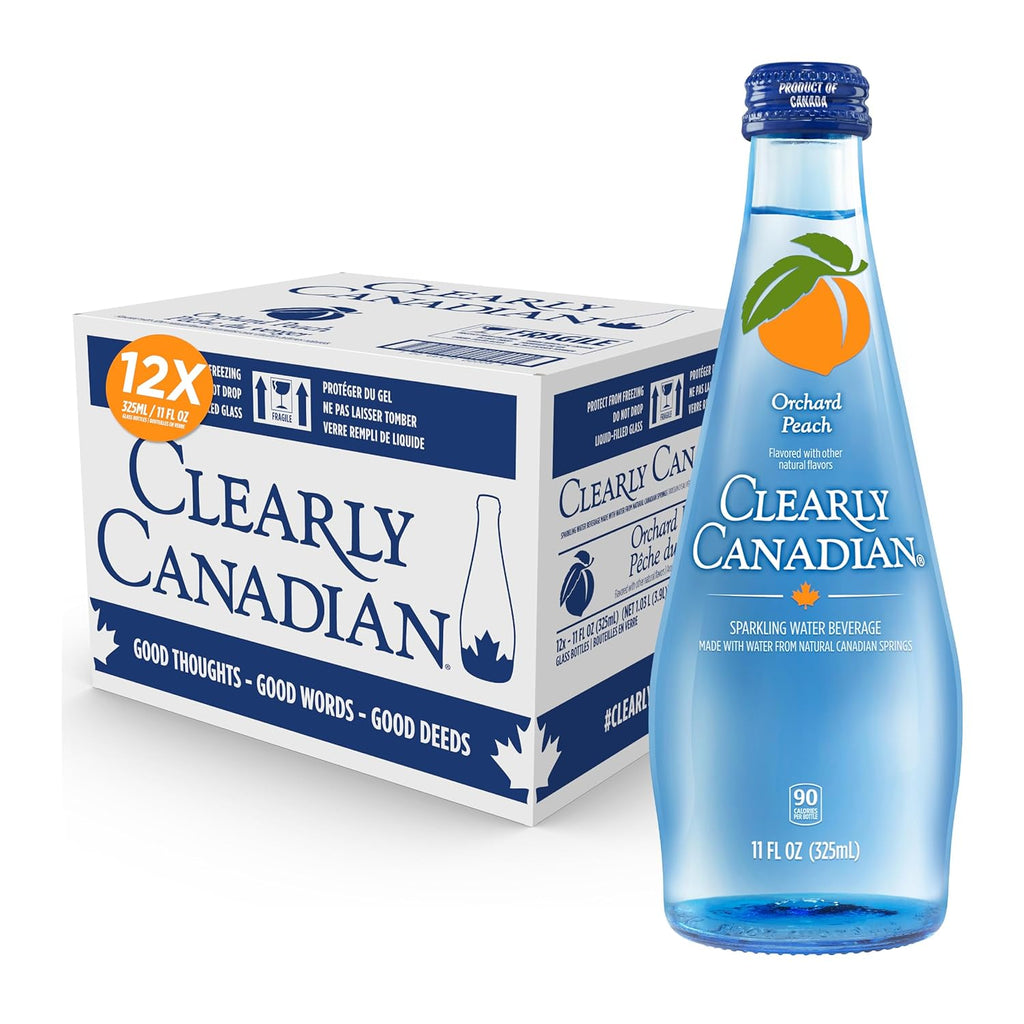 Clearly Canadian Orchard Peach Sparkling Spring Water Beverage, Natural & Carbonated, Flavored Seltzer Water, 1 Case (12 Bottles x 325mL)