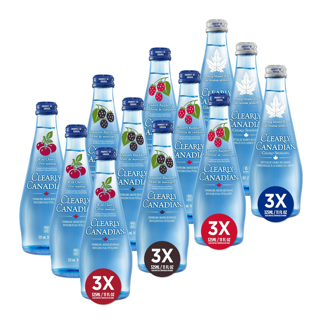 Clearly Canadian Variety Pack Sparkling Spring Water Beverage, Natural & Carbonated, Flavored Seltzer Water, Mixed Flavors, 1 Case (12 Bottles x 325mL)