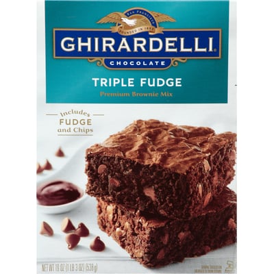 Ghirardelli Triple Fudge Premium Brownie Mix, Includes Chocolate Syrup and Chips, 19 oz Box