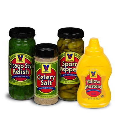 Vienna Chicago-Style Condiment Kit (1 Jar Yellow Mustard, 1 Jar Green Relish, 1 Jar Sport Peppers, 1 Jar Celery Salt)