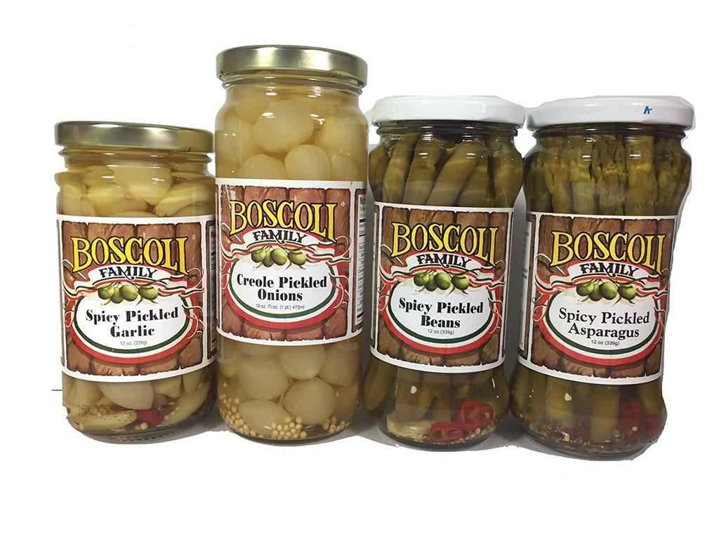 12oz Pickled Vegetables Variety Pack of 4 - Garlic, Onions, Beans, and Asparagus - Boscoli
