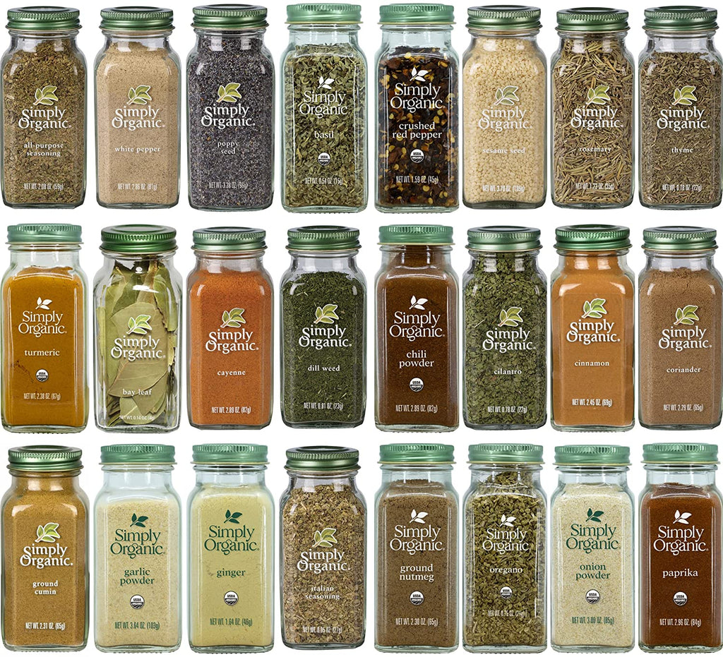 Simply Organic Seasoning and Herb Glass Jar Starter Kit - 24 Pack - Gift Set for Someone Who Loves to Cook - Get Your Spice Rack Stocked With These Bottles